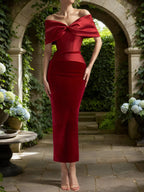 Vestido largo de terciopelo vino tinto, escote off the shoulder
