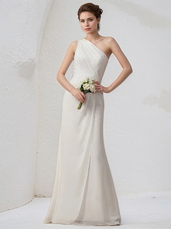 Abito da damigella avorio in chiffon, modello a colonna, monospalla, senza maniche, lungo fino a terra