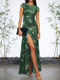 Grünes Blumen A-Linien Maxikleid mit kurzen Ärmeln und Schlitz