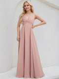 Dusty Rose Chiffon A Line V Neck Sleeveless Floor Length Bridesmaid Dress