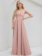 Dusty Rose Chiffon A Line V Neck Sleeveless Floor Length Bridesmaid Dress