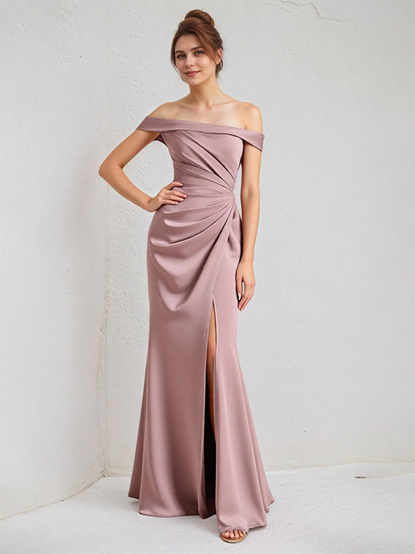 A Line Mauve Satin Off the Shoulder Sleeveless Floor Length Dress With Slit