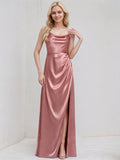Mauve Satin A Line Spaghetti Straps Sleeveless Floor Length Bridesmaid Dress