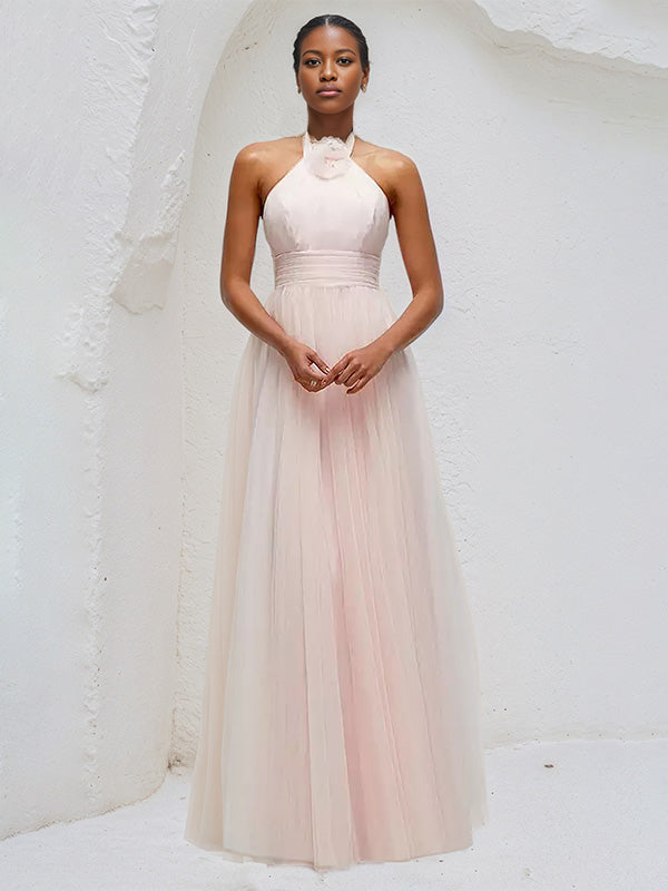 A Line Halter Neck Sleeveless Floor Length Tulle Bridesmaid Dresses