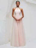 A Line Halter Neck Sleeveless Floor Length Tulle Bridesmaid Dresses