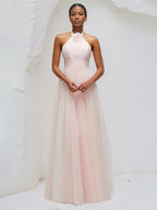 A Line Halter Neck Sleeveless Floor Length Tulle Bridesmaid Dresses
