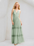 Sage A Line Chiffon V Neck Sleeveless Floor Length Bridesmaid Dresses