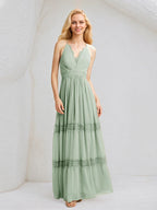 Sage A Line Chiffon V Neck Sleeveless Floor Length Bridesmaid Dresses