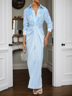 Abito lungo tubino maxi blu con paillettes, collo e maniche lunghe con spacco