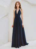 A Line Dark Royal Blue Chiffon Halter Neck Sleeveless Floor Length Dress