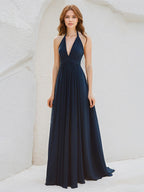 A Line Dark Royal Blue Chiffon Halter Neck Sleeveless Floor Length Dress