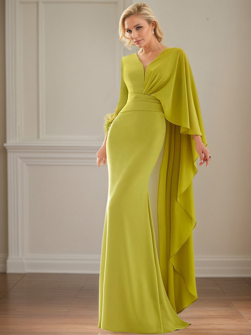 Lime Chiffon Sheath/Column V Neck Long Sleeves Floor Length Mother of the Bride Dresses