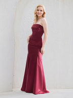 Vestido de dama de honor rojo satinado trompeta/mermaid sin hombros sin mangas largo hasta el suelo