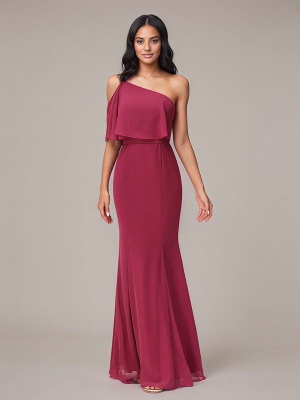 Mulberryfarbenes Etui/Column Chiffon Kleid mit einer Schulter, ärmellos und bodenlang, Brautjungfernkleid
