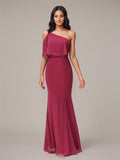Mulberryfarbenes Etui/Column Chiffon Kleid mit einer Schulter, ärmellos und bodenlang, Brautjungfernkleid
