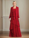 Chiffon-Kleid mit quadratischem Ausschnitt, ärmellos, bodenlang, plissiert, Brautmutterkleid mit Jacke