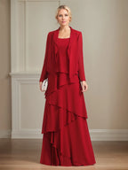 Chiffon-Kleid mit quadratischem Ausschnitt, ärmellos, bodenlang, plissiert, Brautmutterkleid mit Jacke