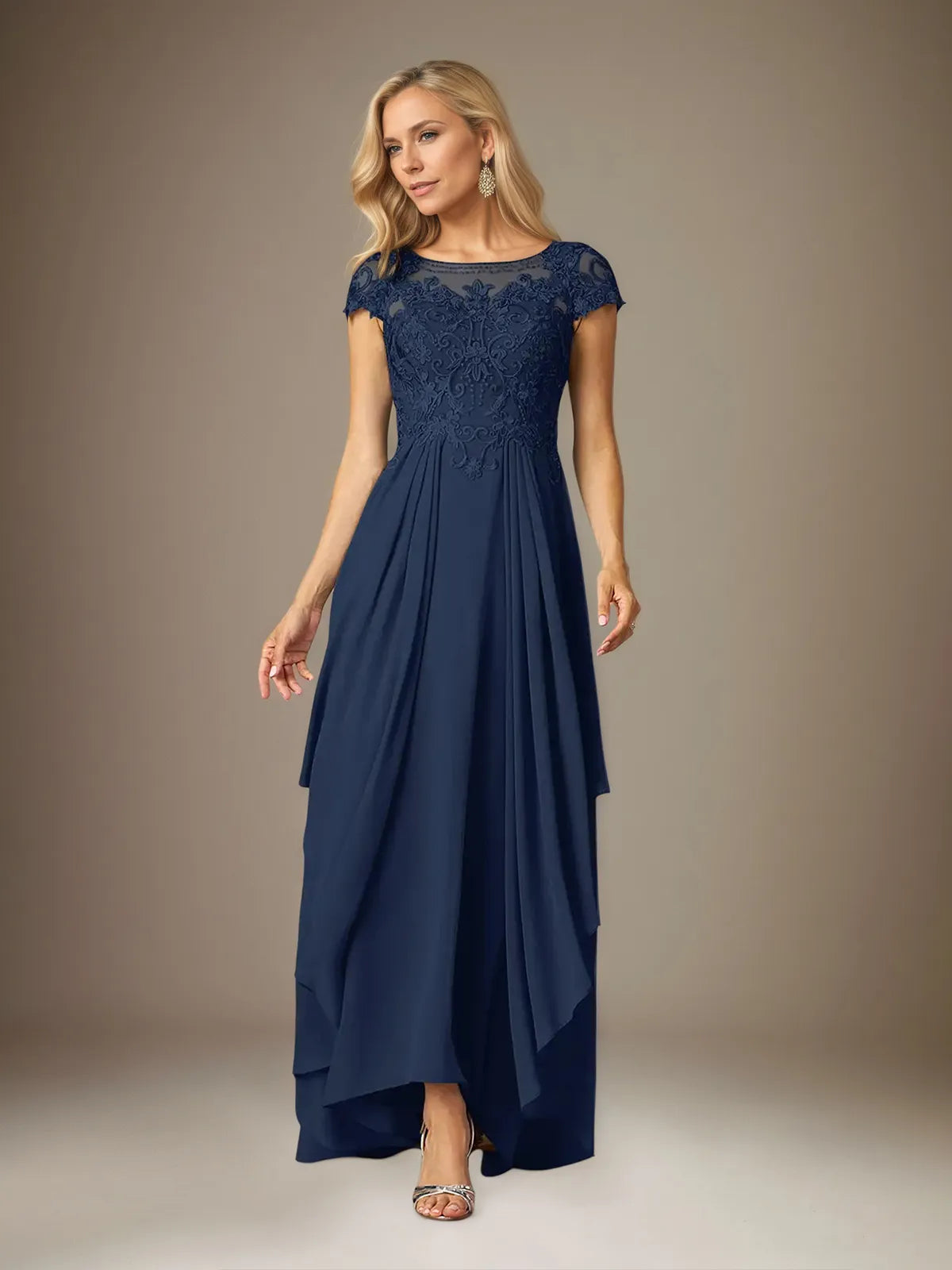 A Line Chiffon Scoop Neck Short Sleeves Floor Length Pleated Mother of the Bride Dresses With Appliques
