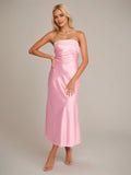 Pink Satin Sheath/Column Off The Shoulder Sleeveless Ankle Length Bridesmaid Dress