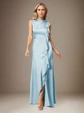 Himmelblaues A-Linien Satin Kleid mit hohem Ausschnitt, ärmellos, bodenlang