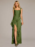 Olive Green Sheath/Column Satin Square Neck Sleeveless Floor Length Dresses