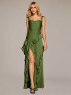Olive Green Sheath/Column Satin Square Neck Sleeveless Floor Length Dresses