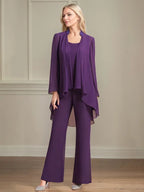 Tailleur pantalone da madre della sposa in chiffon con scollo a U, maniche lunghe e lunghezza fino a terra