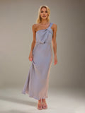 Robe demoiselle d'honneur bleu acier en satin, coupe fourreau/colonne, à une épaule, longueur cheville