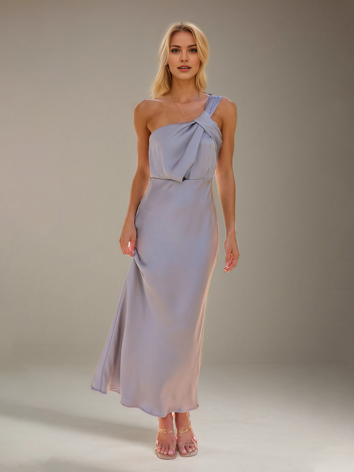 Robe demoiselle d'honneur bleu acier en satin, coupe fourreau/colonne, à une épaule, longueur cheville