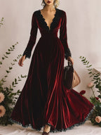 Robe maxi rétro à col en V, manches longues, empiècements en dentelle