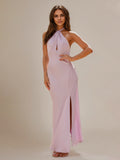 Abito da damigella in chiffon lilla a tubino/colonna con collo halter e senza maniche, lungo fino a terra
