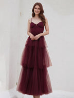 A Line Burgundy Tulle Spaghetti Straps Sleeveless Floor Length Dress