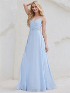 Sky Blue Chiffon A Line Spaghetti Straps Sleeveless Floor Length Bridesmaid Dress With Applique