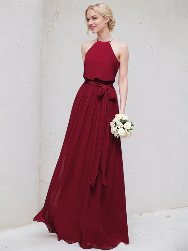 Bordeauxrotes A-Linien U-Ausschnitt bodenlanges Chiffon Brautjungfernkleid mit Schleife