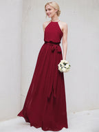 Bordeauxrotes A-Linien U-Ausschnitt bodenlanges Chiffon Brautjungfernkleid mit Schleife