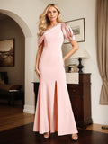 Pink Trumpet/Mermaid Satin One Shoulder Sleeveless Ankle Length Dress With High Slit