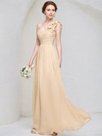 Champagne Chiffon A Line One Shoulder Sleeveless Floor Length Bridesmaid Dress With 3D Floral Ruffle
