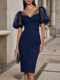 Vestido midi tipo sheath azul purpúreo con escote en V y mangas abullonadas