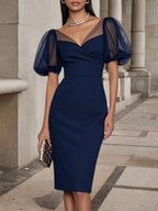 Vestido midi tipo sheath azul purpúreo con escote en V y mangas abullonadas