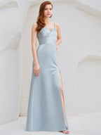 Ice Blue Satin A Line Spaghetti Straps Sleeveless Floor Length Bridesmaid Dress