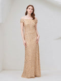 Champagne Chiffon Off the Shoulder Sleeveless Floor Length Dress With Sequins