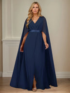 A-Linie V-Ausschnitt Cap-Ärmel bodenlanges Chiffon Kleid für die Brautmutter