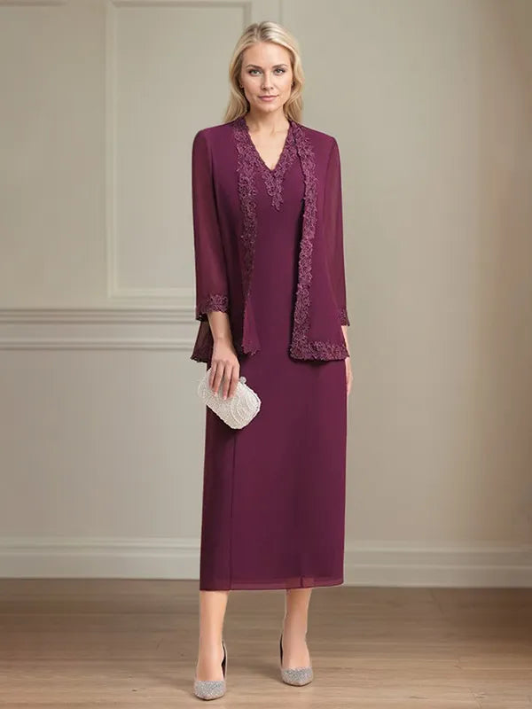 Etui/Column Chiffon V-Ausschnitt 3/4 Ärmel Tea-Length Kleid für die Mutter der Braut