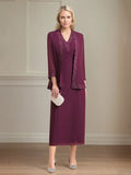 Etui/Column Chiffon V-Ausschnitt 3/4 Ärmel Tea-Length Kleid für die Mutter der Braut