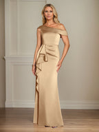 Robes longues champagne en satin pour mère de la mariée, coupe droite/colonne, une épaule, sans manches