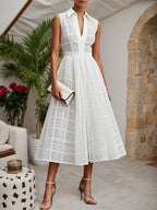 Weißes Hemdkleid mit Hemdkragen Ärmelloses A-Linien Midikleid