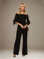 Combinaison/pantalon mère de la mariée noire en mousseline épaules dénudées manches 1/2