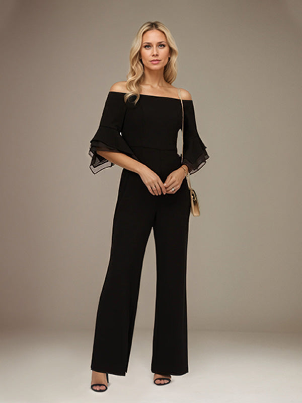 Schwarzer Chiffon Schulterfreier 1/2-Ärmel Zweiteiler Jumpsuit/Hosenanzug Brautmutterkleid