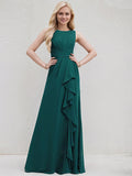 Peacock Chiffon A Line Scoop Neck Sleeveless Floor Length Bridesmaid Dress With Ruffle