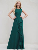 Peacock Chiffon A Line Scoop Neck Sleeveless Floor Length Bridesmaid Dress With Ruffle